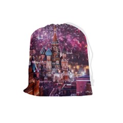 Moscow Kremlin Saint Basils Cathedral Architecture  Building Cityscape Night Fireworks Drawstring Pouch (large) by Cowasu