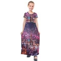 Moscow Kremlin Saint Basils Cathedral Architecture  Building Cityscape Night Fireworks Kids  Short Sleeve Maxi Dress by Cowasu