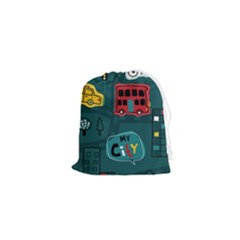 Seamless Pattern With Vehicles Building Road Drawstring Pouch (xs) by Cowasu
