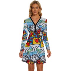 Seamless Repeating Tiling Tileable Long Sleeve Deep V Mini Dress  by Amaryn4rt
