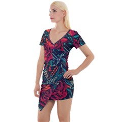Vintage Flash Tattoos Designs Seamless Pattern Short Sleeve Asymmetric Mini Dress by Amaryn4rt