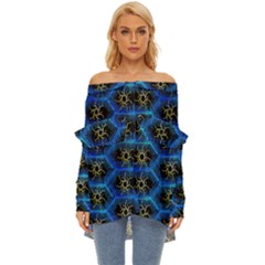 Blue Bee Hive Off Shoulder Chiffon Pocket Shirt by Amaryn4rt