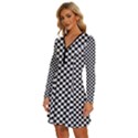 Black And White Checkerboard Background Board Checker Long Sleeve Deep V Mini Dress  View2