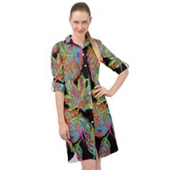 Autumn Pattern Dried Leaves Long Sleeve Mini Shirt Dress by Simbadda