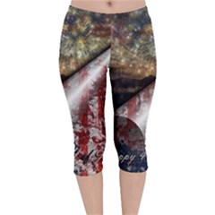 Independence Day Background Abstract Grunge American Flag Velvet Capri Leggings  by Ravend