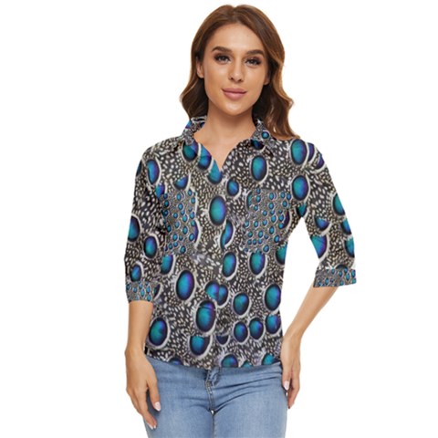 Peacock Pattern Close Up Plumage Women s Quarter Sleeve Pocket Shirt by Celenk