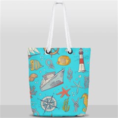 Colored-sketched-sea-elements-pattern-background-sea-life-animals-illustration Full Print Rope Handle Tote (small) by uniart180623