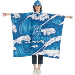 Storm-waves-seamless-pattern-raging-ocean-water-sea-wave-vintage-japanese-storms-print-illustration- Women s Hooded Rain Ponchos by uniart180623