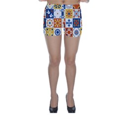 Mexican-talavera-pattern-ceramic-tiles-with-flower-leaves-bird-ornaments-traditional-majolica-style- Skinny Shorts by uniart180623