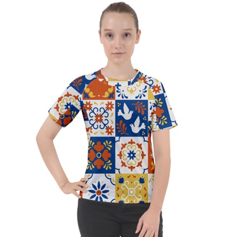 Mexican-talavera-pattern-ceramic-tiles-with-flower-leaves-bird-ornaments-traditional-majolica-style- Women s Sport Raglan Tee by uniart180623