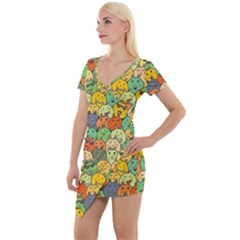 Seamless Pattern With Doodle Bunny Short Sleeve Asymmetric Mini Dress by uniart180623