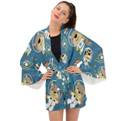 Seamless-pattern-funny-astronaut-outer-space-transportation Long Sleeve Kimono by uniart180623