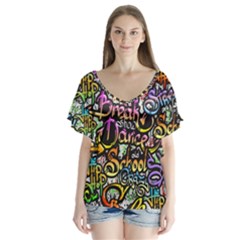 Graffiti-word-seamless-pattern V-neck Flutter Sleeve Top by uniart180623