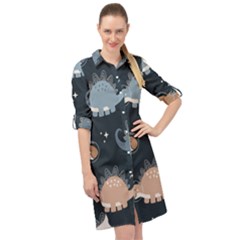 Dino Art Pattern Design Wallpaper Background Long Sleeve Mini Shirt Dress by uniart180623