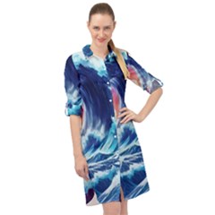 Storm Tsunami Waves Ocean Sea Nautical Nature Long Sleeve Mini Shirt Dress by uniart180623