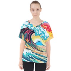 Waves Ocean Sea Tsunami Nautical Arts V-neck Dolman Drape Top by uniart180623