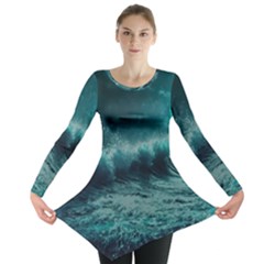 Waves Ocean Sea Tsunami Nautical Blue Sea Art Long Sleeve Tunic  by uniart180623
