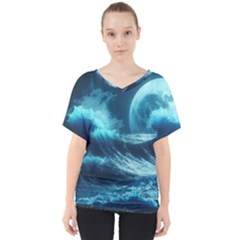 Moonlight High Tide Storm Tsunami Waves Ocean Sea V-neck Dolman Drape Top by uniart180623