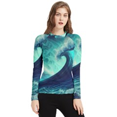 Ai Generated Waves Ocean Sea Tsunami Nautical Fantasy Women s Long Sleeve Rash Guard by uniart180623