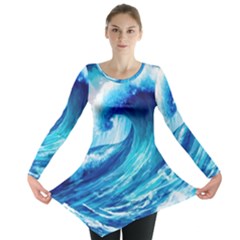 Tsunami Tidal Wave Ocean Waves Sea Nature Water Blue Painting Long Sleeve Tunic  by uniart180623