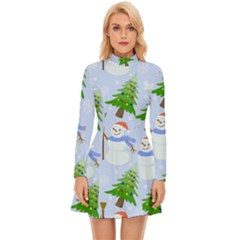 New Year Christmas Snowman Pattern, Long Sleeve Velour Longline Dress by uniart180623