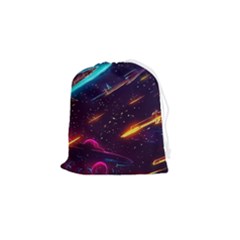 Night Sky Neon Spaceship Drawing Drawstring Pouch (small) by Ravend