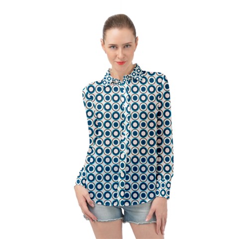 Mazipoodles Dusty Duck Egg Blue White Donuts Polka Dot Long Sleeve Chiffon Shirt by Mazipoodles