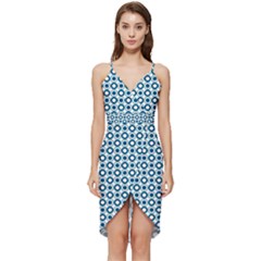 Mazipoodles Dusty Duck Egg Blue White Donuts Polka Dot Wrap Frill Dress by Mazipoodles