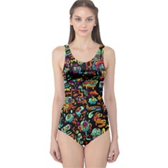 Cartoon Monster Pattern Abstract Background One Piece Swimsuit by uniart180623