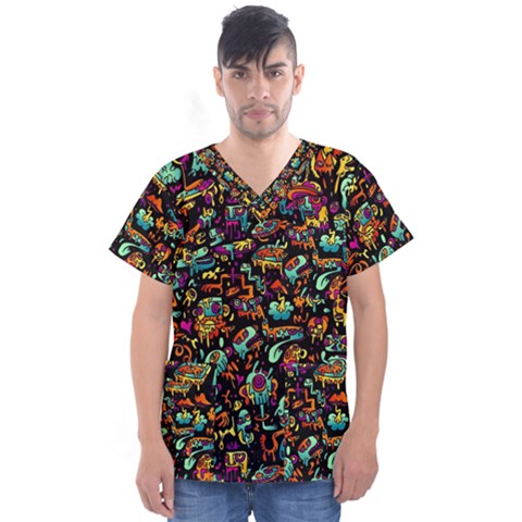 Cartoon Monster Pattern Abstract Background Men s V-neck Scrub Top by uniart180623