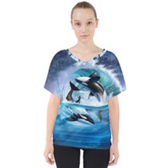 Orca Wave Water Underwater Sky V-neck Dolman Drape Top by uniart180623