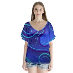 Spiral Shape Blue Abstract V-neck Flutter Sleeve Top by uniart180623