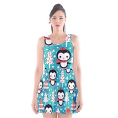 Blue Penguin Pattern Christmas Scoop Neck Skater Dress by uniart180623