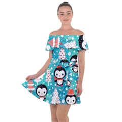 Blue Penguin Pattern Christmas Off Shoulder Velour Dress by uniart180623