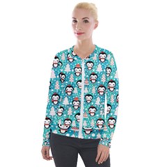 Blue Penguin Pattern Christmas Velvet Zip Up Jacket by uniart180623