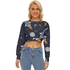 Space Background Illustration With Stars And Rocket Seamless Vector Pattern Lightweight Long Sleeve Sweatshirt by uniart180623