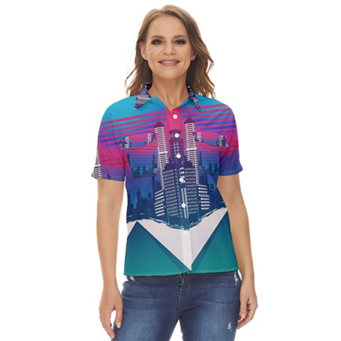 Retro Cityscape Artist Artwork Digital Art Women s Short Sleeve Double Pocket Shirt by uniart180623