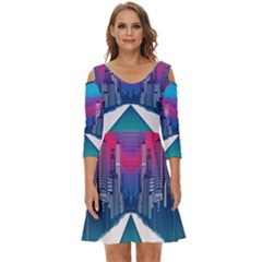 Retro Cityscape Artist Artwork Digital Art Shoulder Cut Out Zip Up Dress by uniart180623