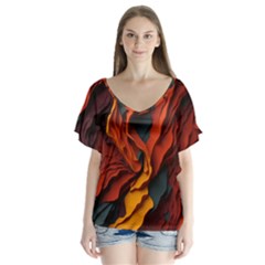 Abstract Colorful Waves Painting Art V-neck Flutter Sleeve Top by Simbadda