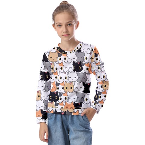 Cute Cat Kitten Cartoon Doodle Seamless Pattern Kids  Long Sleeve Tee With Frill  by Simbadda