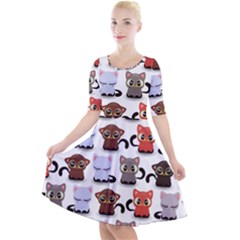 Seamless Pattern With Cute Little Kittens Various Color Quarter Sleeve A-line Dress by Simbadda