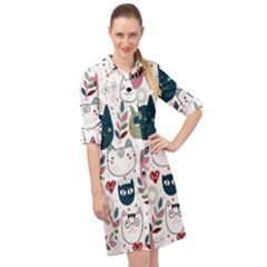 Pattern With Cute Cat Heads Long Sleeve Mini Shirt Dress by Simbadda