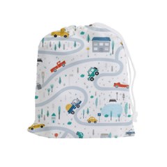 Cute Children Seamless Pattern With Cars Road Park Houses White Background Illustration Town Cartooo Drawstring Pouch (xl) by Simbadda