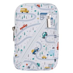 Cute Children Seamless Pattern With Cars Road Park Houses White Background Illustration Town Cartooo Belt Pouch Bag (large) by Simbadda