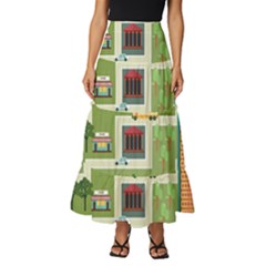 City Seamless Pattern Tiered Ruffle Maxi Skirt by Simbadda