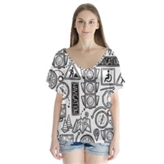 Navigation-seamless-pattern V-neck Flutter Sleeve Top by Simbadda