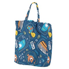 Seamless Pattern Vector Submarine With Sea Animals Cartoon Giant Grocery Tote by Simbadda