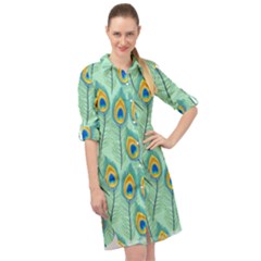 Lovely Peacock Feather Pattern With Flat Design Long Sleeve Mini Shirt Dress by Simbadda