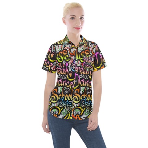Graffiti Word Seamless Pattern Women s Short Sleeve Pocket Shirt by Simbadda