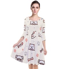Pug-dog-cat-with-bone-fish-bones-paw-prints-ball-seamless-pattern-vector-background Quarter Sleeve Waist Band Dress by Simbadda